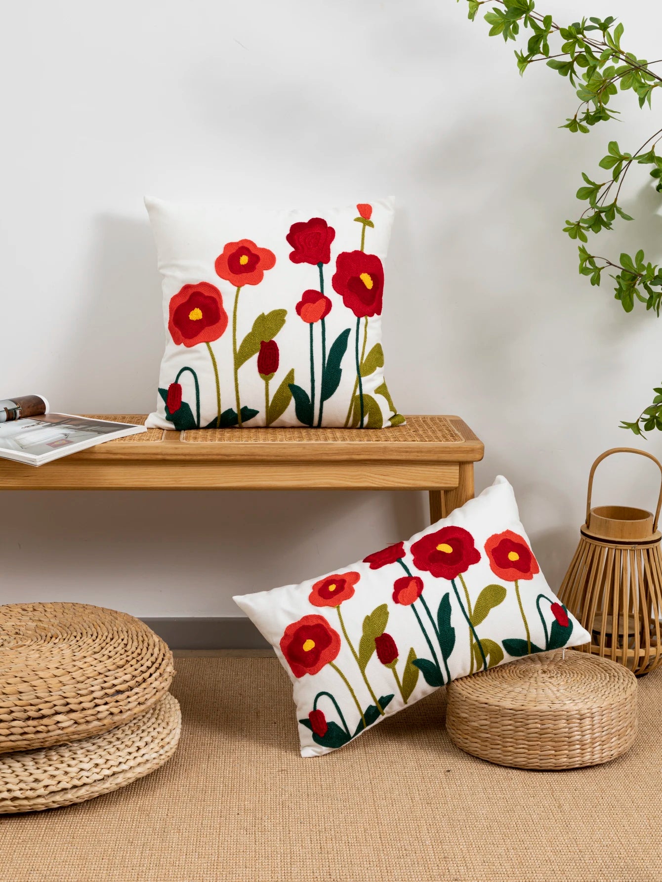 Poppy Flower Pillow Cover – Cotton Sail Fabric Cushion Cover | Modern Boho Home Decor | Housewarming Gift