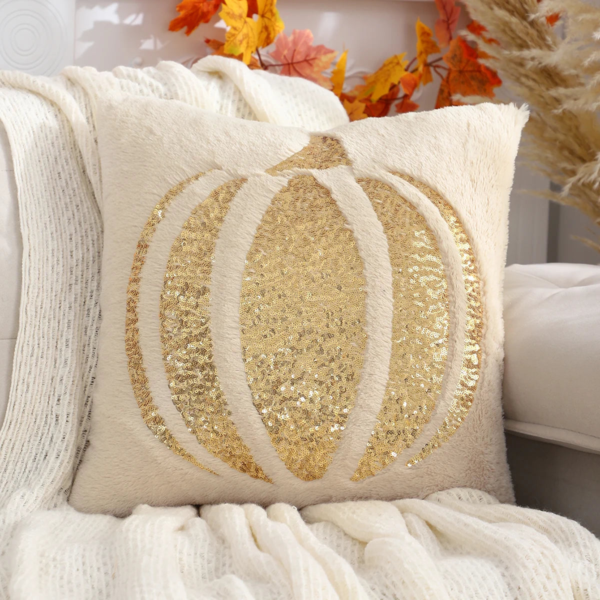 Pumpkin Gold Sequin Embroidered Pillow Cover β Plush Fall Accent for Cozy Autumn Vibes