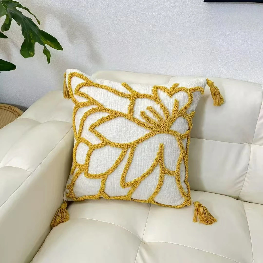 Decorative pillow with yellow patterns and tassels on a white sofa boho home decor, housewarming gift, chenille pillow cover, geometric cushion case, Nordic pillowcase, velvet throw pillow, sofa cushion, bedroom pillow cover, modern jacquard cushion, decorative car pillow, textured home decor, looped velvet pillow