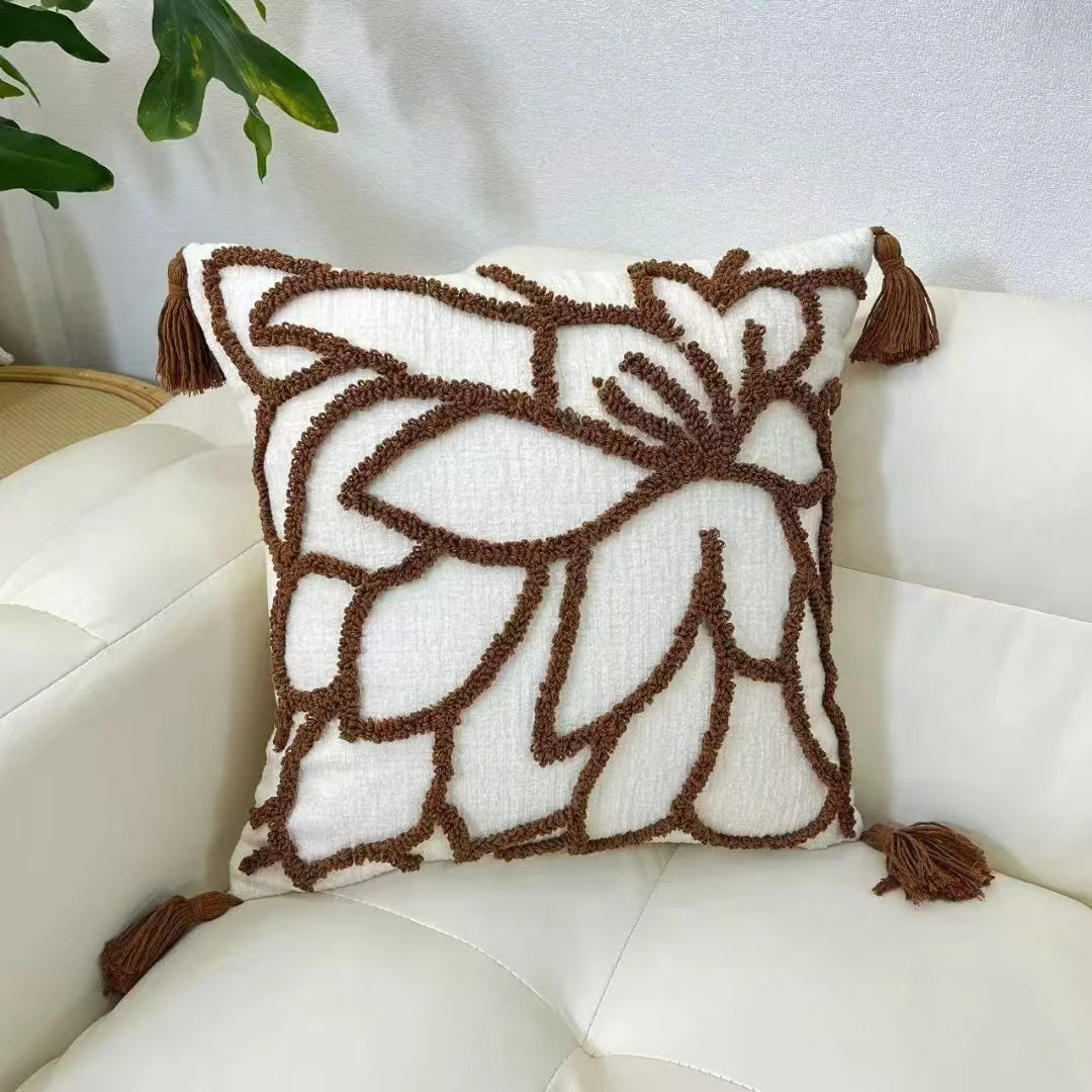 Decorative pillow with brown leaf pattern on a white couch boho home decor, housewarming gift, chenille pillow cover, geometric cushion case, Nordic pillowcase, velvet throw pillow, sofa cushion, bedroom pillow cover, modern jacquard cushion, decorative car pillow, textured home decor, looped velvet pillow