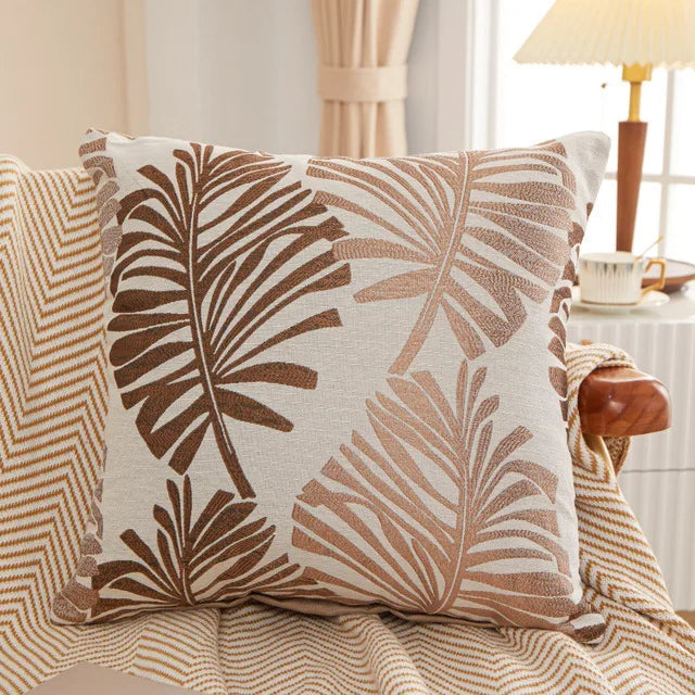 Beige Bay Leaf Cushion Cover – Square Decorative Throw Pillow Case for Boho Home Decor
