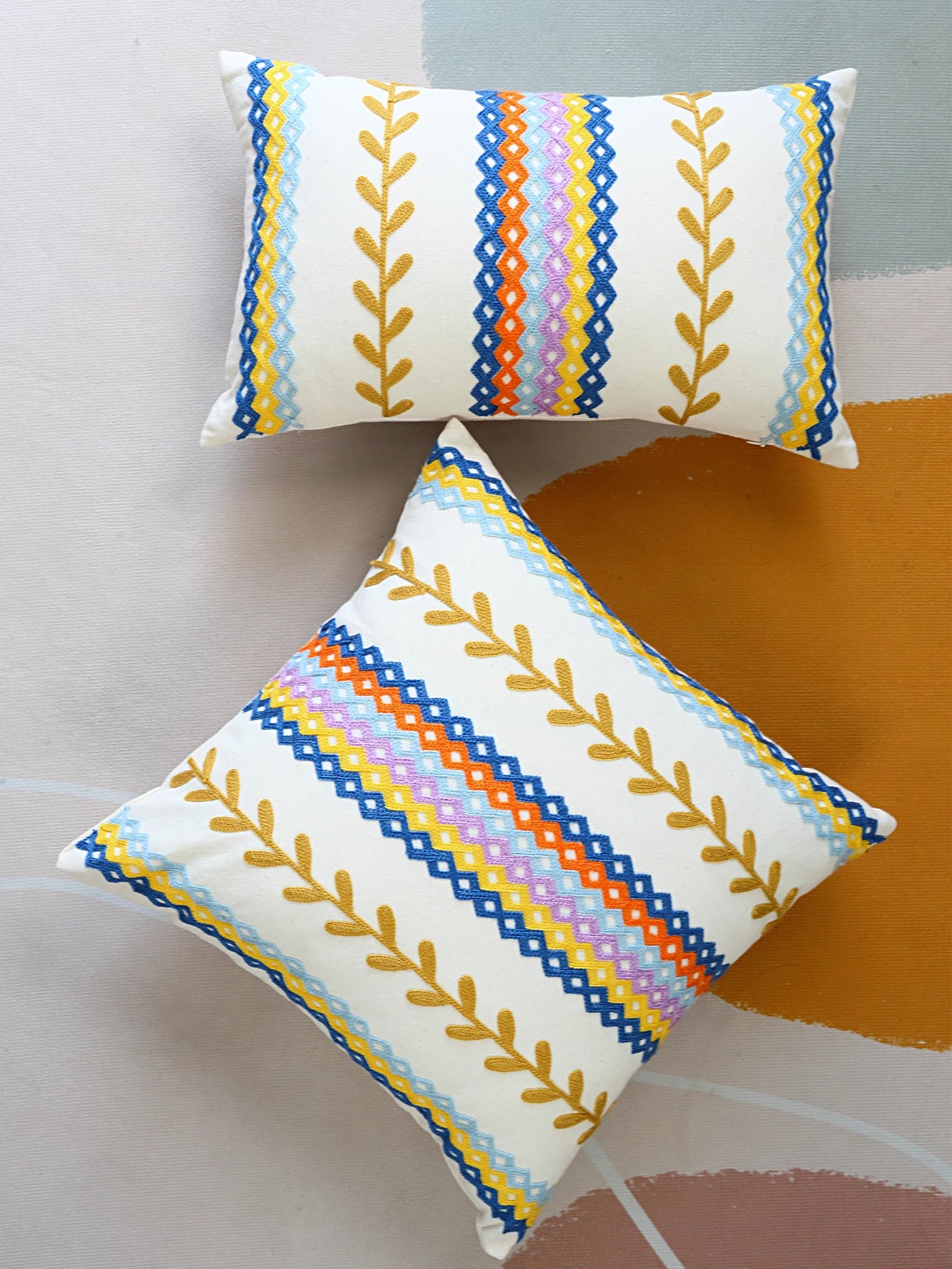 Boho Geometric Embroidered Cushion Cover – Decorative Throw Pillow Case for Couch & Bohemian Home Decor