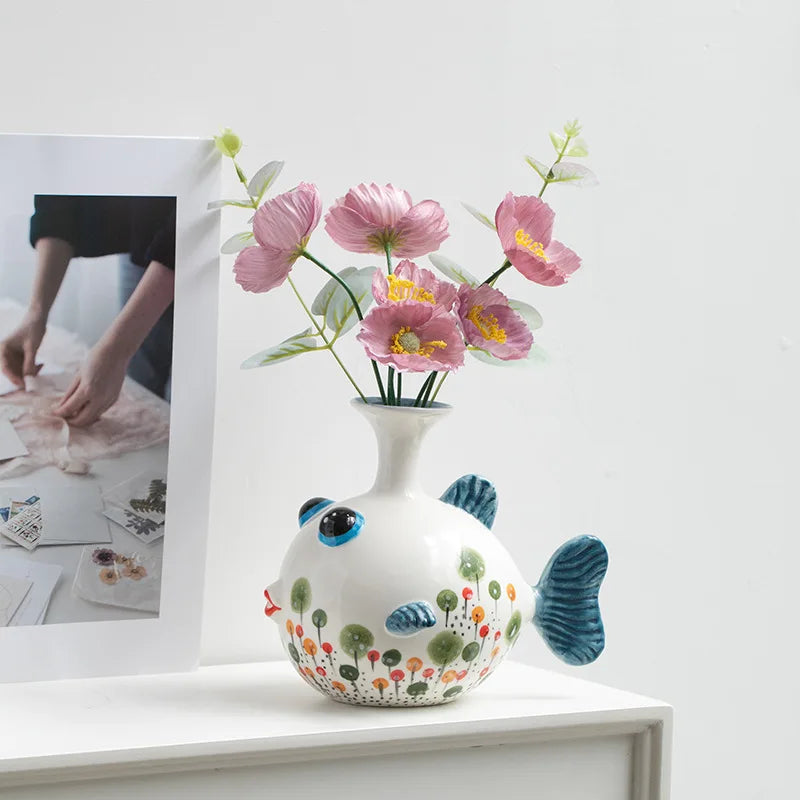 Hand-Painted Ceramic Fish Vase – Modern Boho Home Decor, Wavy Pattern, Colorful Cartoon Fish Flower Pot