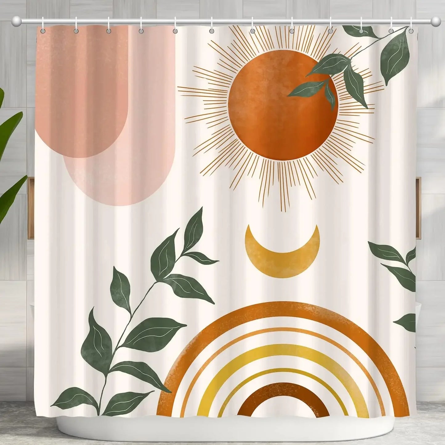 Abstract Bohemian Shower Curtain Arch Sun Moon Phases Boho Leaf Modern Minimalist aesthetic line geometric decorative Bathroom Home Decor Cat Leaves Mountains Outdoors