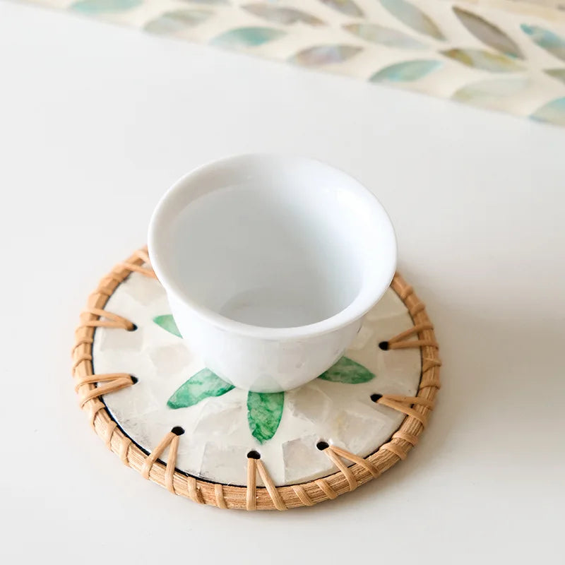 🌿 Boho Rattan Shell Coaster – Handwoven Prairie Chic Drink Mat