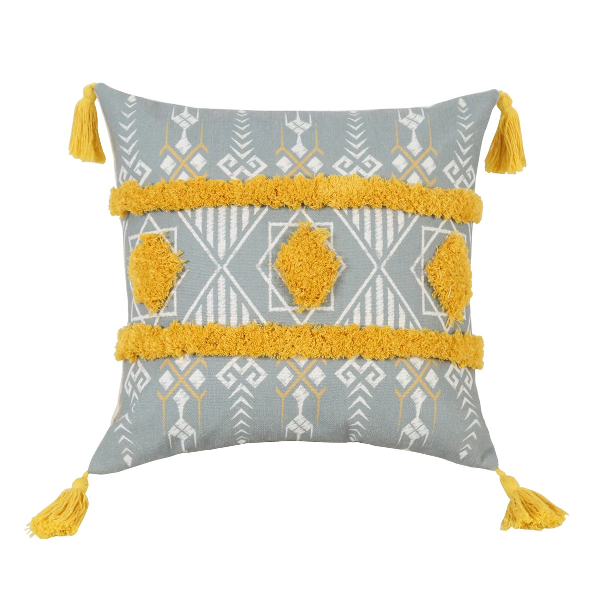 Yellow Geometric Tufted Throw Pillow Cover with Tassels – 18x18in Boho Home Decor Accent for Couch, Sofa & Bed Housewarming Gift