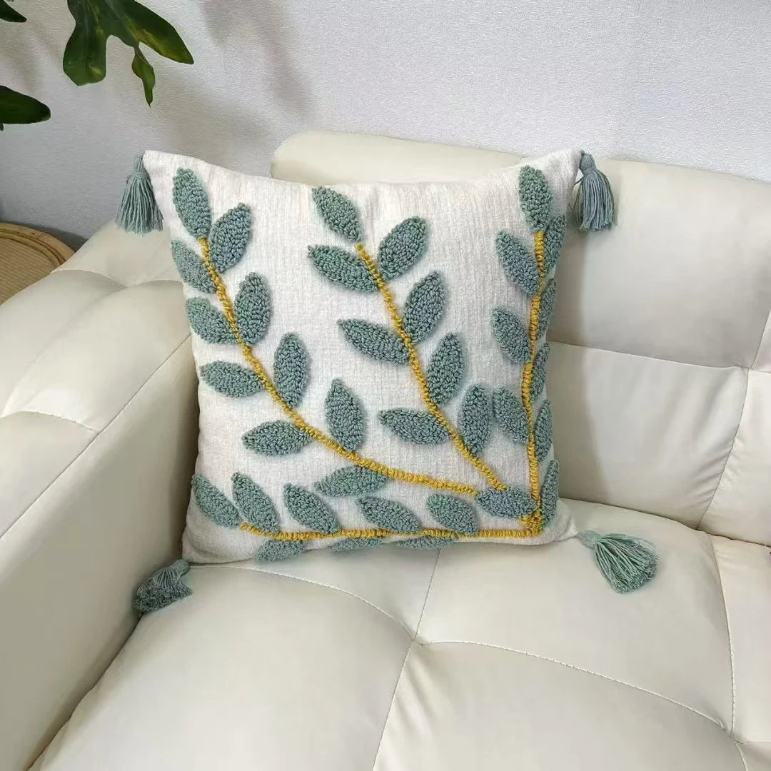 Decorative pillow with leaf pattern on a white sofa boho home decor, housewarming gift, chenille pillow cover, geometric cushion case, Nordic pillowcase, velvet throw pillow, sofa cushion, bedroom pillow cover, modern jacquard cushion, decorative car pillow, textured home decor, looped velvet pillow