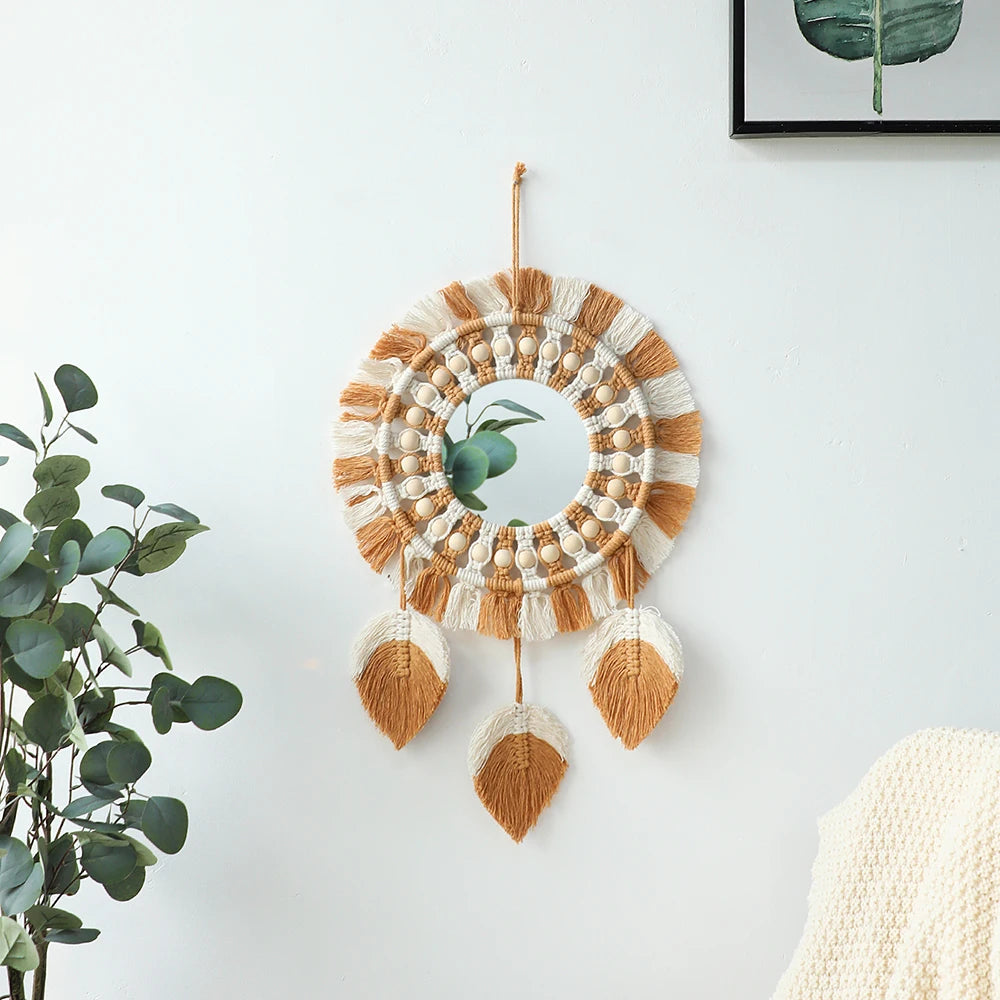 Boho Leaf Macrame Wall Mirror – Round Decorative Mirror with Fringe for Boho Home Decor