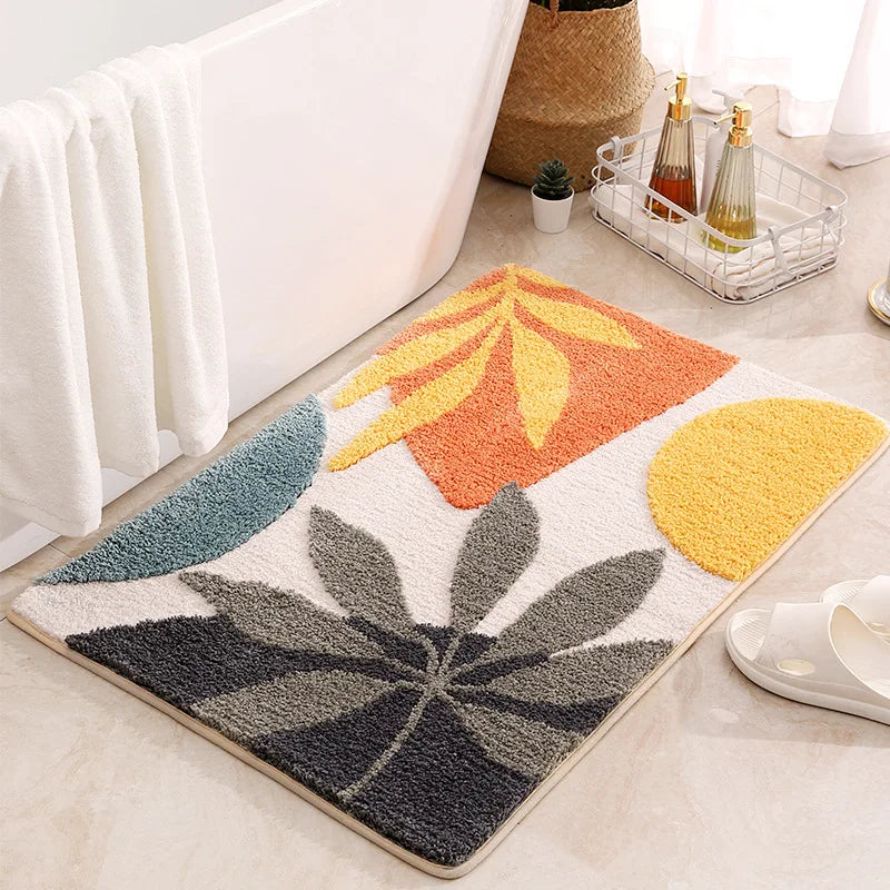 Boho Plant Art Non-Slip Bath Mat – Soft & Absorbent Bathroom Rug with Abstract Leaves