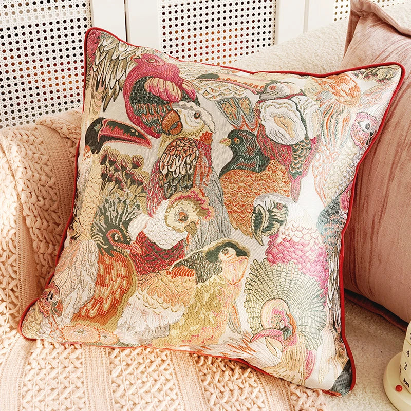 Decorative pillow with bird pattern on a textured surface. Boho Home Decor.