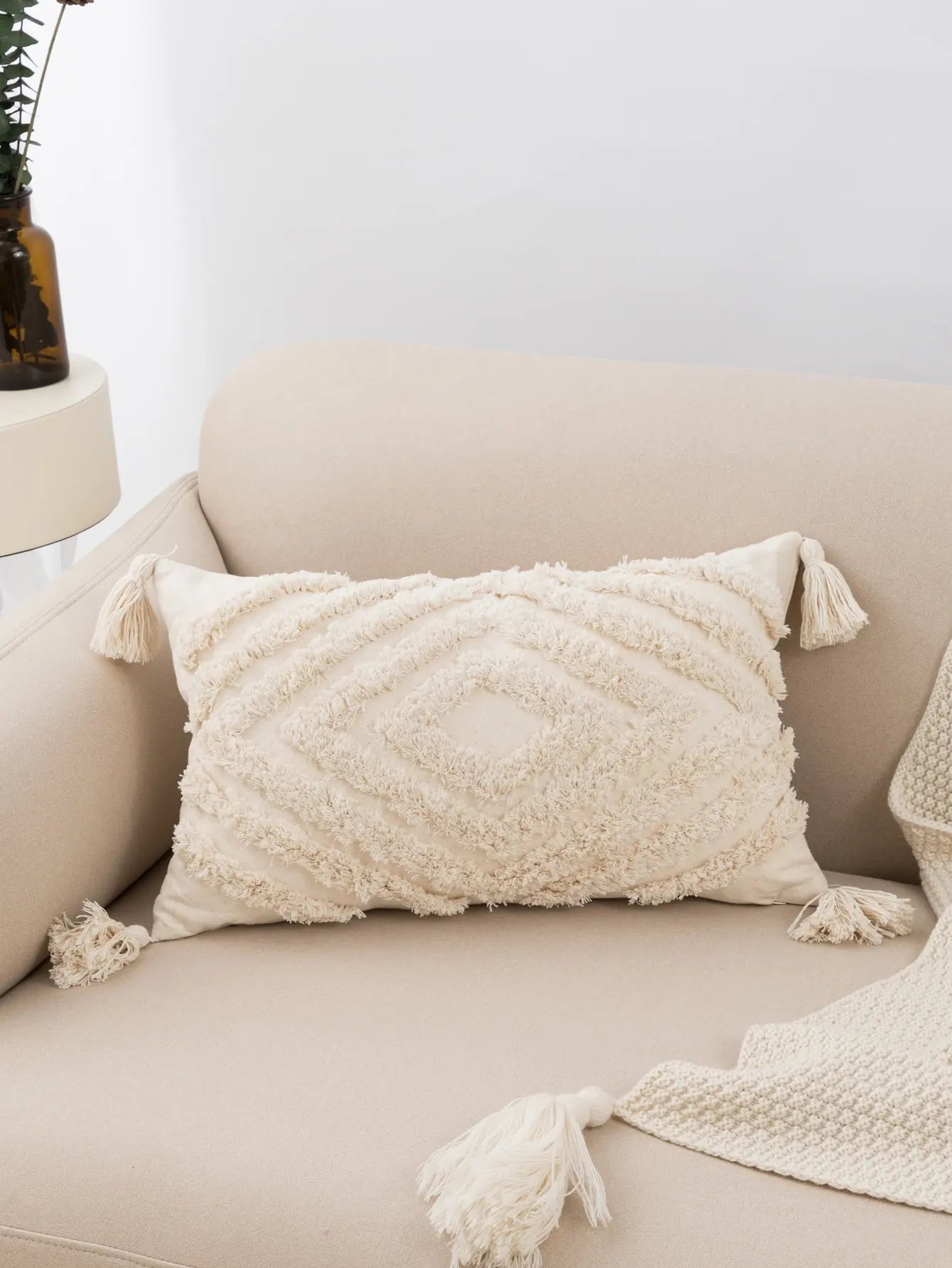 Beige Tufted Fringed Pillow Cover – Diamond Shaped Boho Home Decor Accent for Sofa, Bed & Living Room