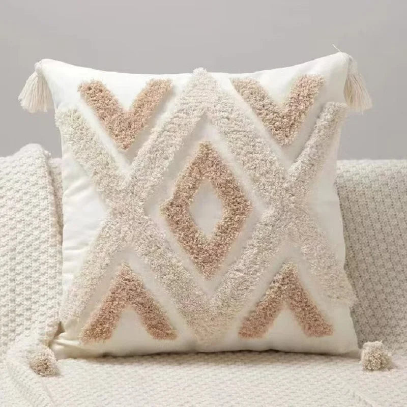 Decorative pillow with geometric pattern on a neutral background Nordic Bohemian geometric plush pillow cover with embroidered design and tassels, perfect for boho home decor on sofa, bed, or accent chair β cozy neutral cushion cover for living room or bedroom style