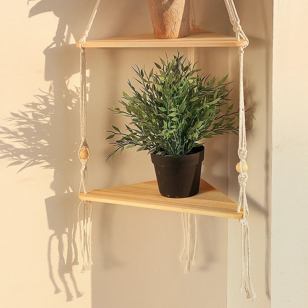 Boho Macrame Hanging Wooden Shelf – Handcrafted Floating Wall Shelf for Home Decor