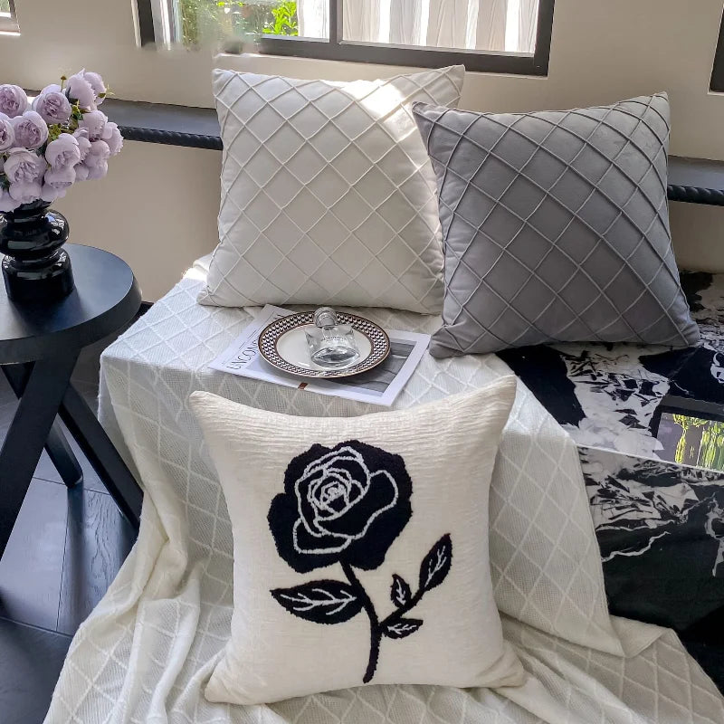 Black Rose Embroidered Cushion Cover β Nordic Chenille Pillowcase for Elegant Living Room Decor