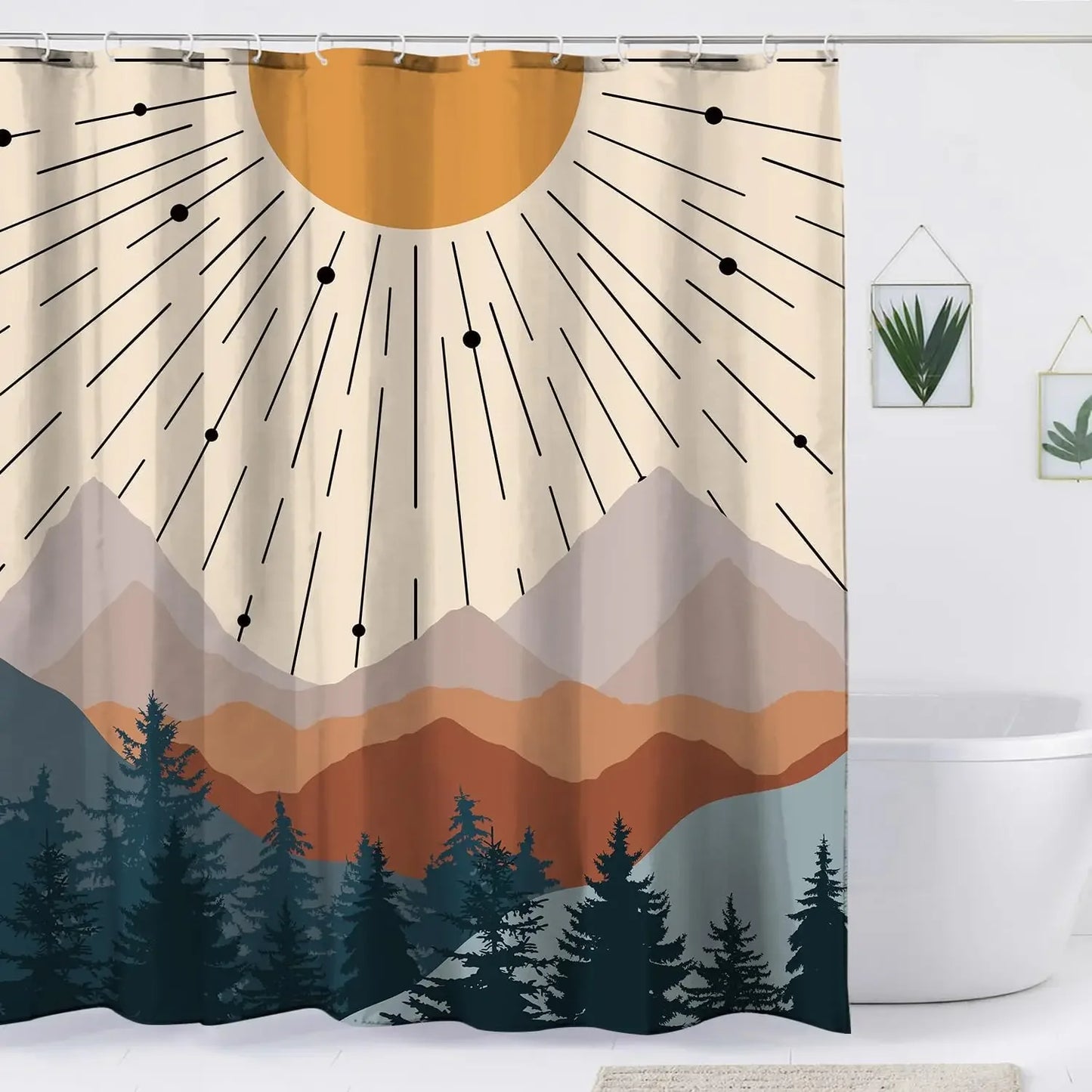 Abstract Bohemian Shower Curtain Arch Sun Moon Phases Boho Leaf Modern Minimalist aesthetic line geometric decorative Bathroom Home Decor Cat Leaves Mountains Outdoors