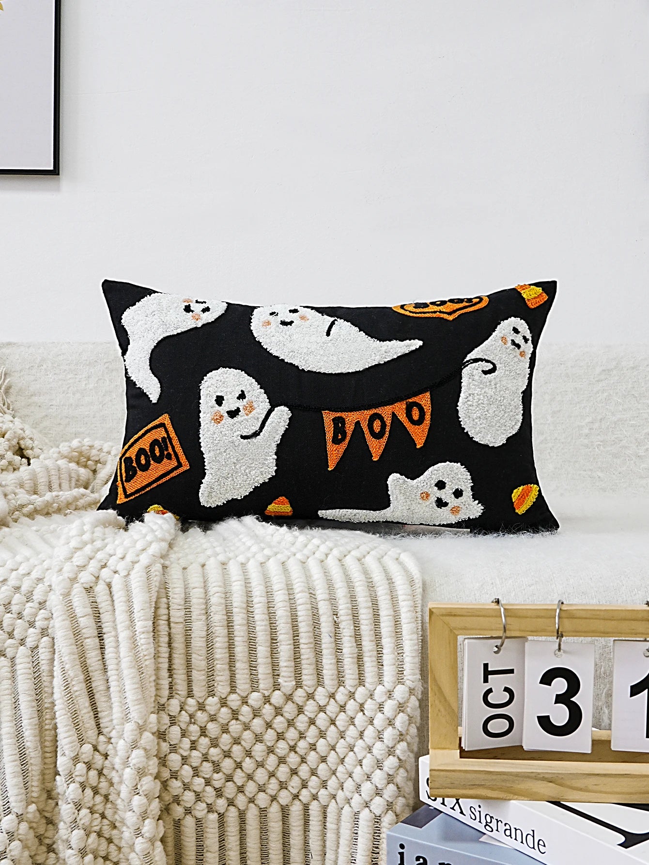 Halloween Ghost Embroidered Pillow Cover β Spooky Chic Accent for Sofa, Chair, or Bed