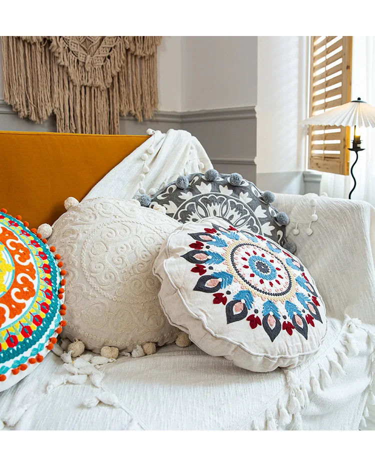 Boho Mandala Round Cushion Cover – Moroccan-Inspired Embroidered Throw Pillow Case for Boho Home Decor