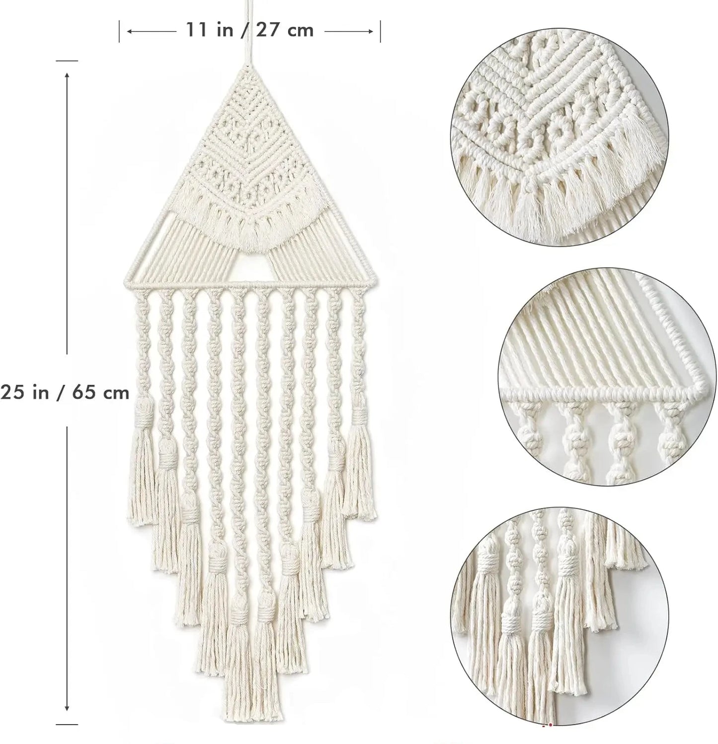 Macrame wall hanging with measurements and close-up details on a white background boho home decor, macrame wall hanging, triangle dream catcher, woven tapestry, handmade cotton wall decor, tassel wall hanging, bedroom door decor, housewarming gift, rustic bohemian art, boho apartment wall decor, neutral textile art