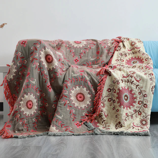 100% Cotton Muslin Throw – Soft, Lightweight & Boho-Chic Blanket - Orange & Purple Shapes