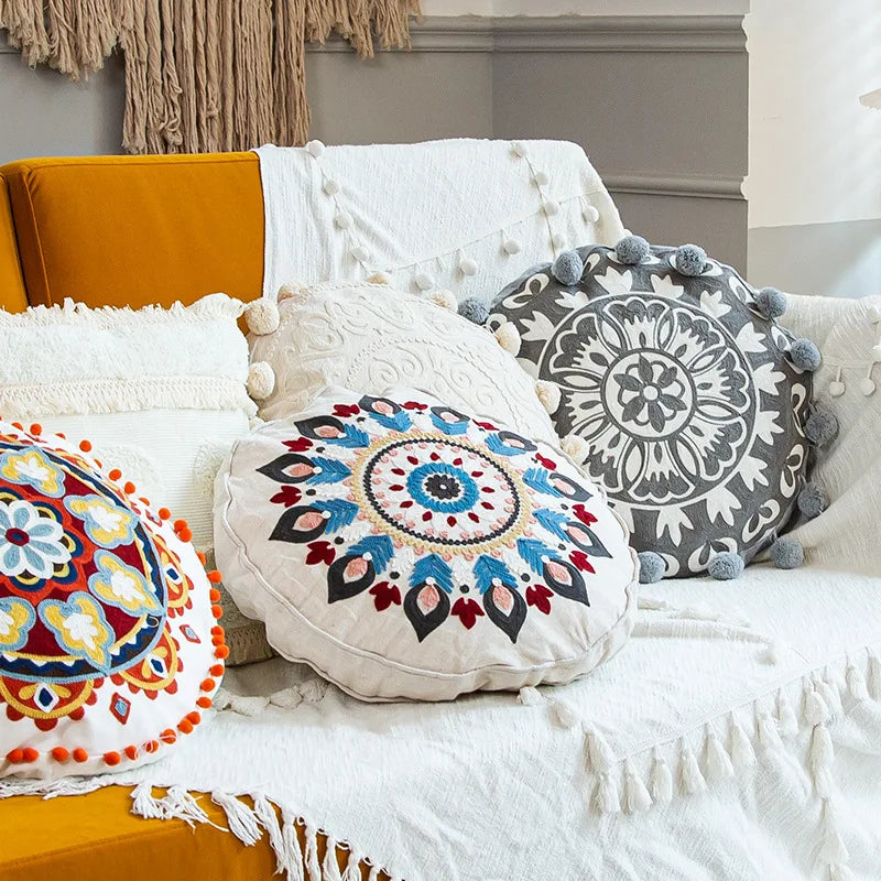Boho Mandala Round Cushion Cover – Moroccan-Inspired Embroidered Throw Pillow Case for Boho Home Decor