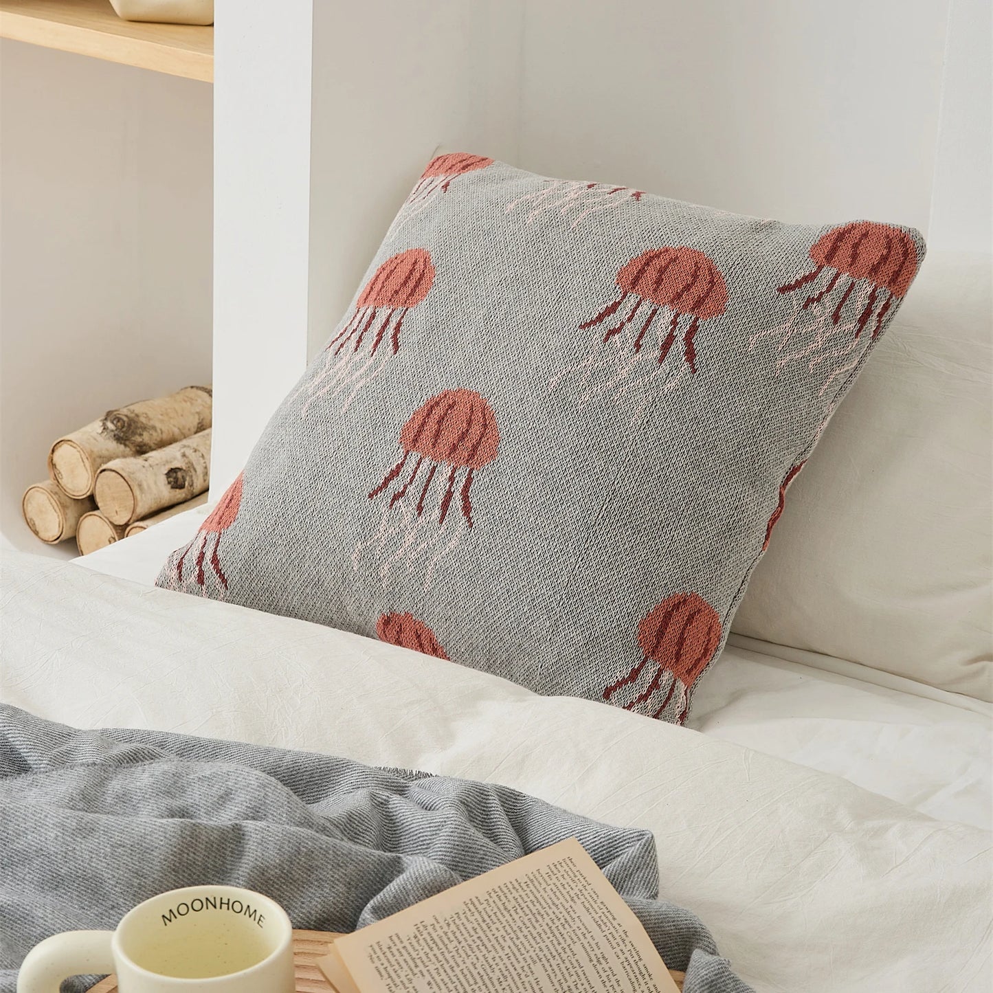 Elegant Jellyfish Embroidered Cotton Throw Pillow Cover â Ocean-Inspired Boho Home Decor Accent