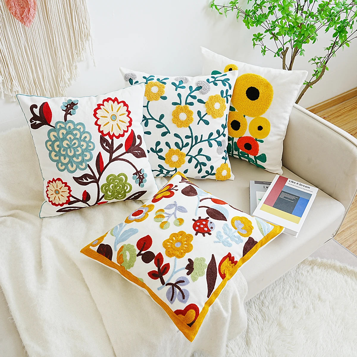 Boho Home Decor Floral Embroidered Pillow Covers – Square Decorative Cushion Case for Sofa & Home