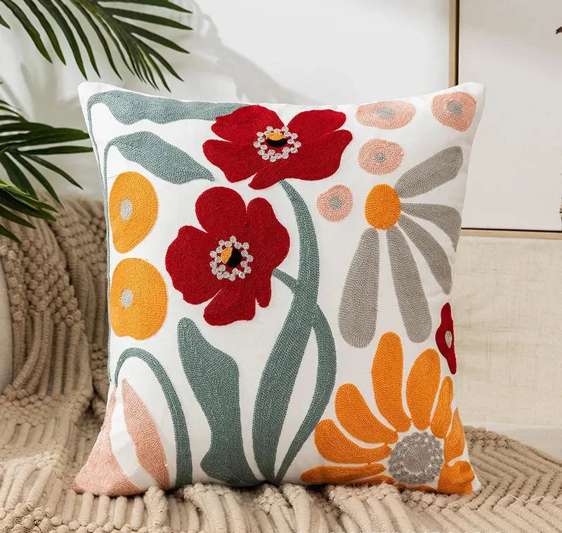 Canvas Floral Embroidered Cushion Cover Cotton Countryside Pillow Case for Living Room Luxury Home Decor Boho Flowers