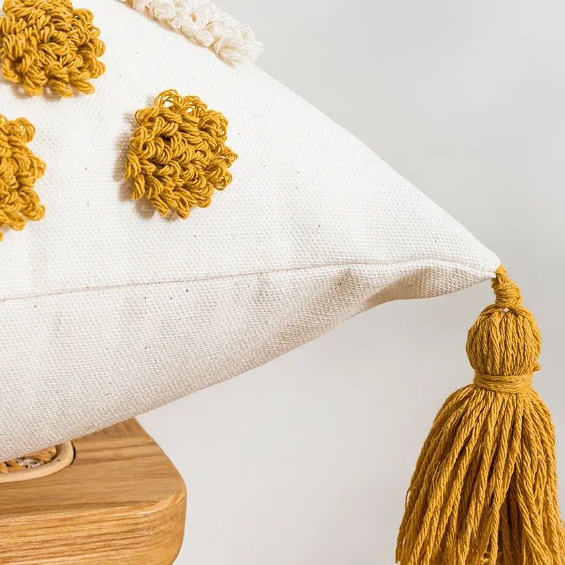Boho Loop Tufted Cushion Cover – Handmade Cotton Canvas Pillow with Tassels & Embroidery