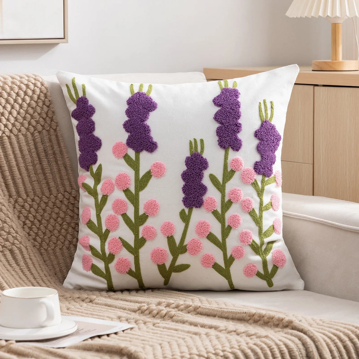 Decorative pillow with floral pattern on a couch Embroidered flower pillow cover, 17.7-inch square canvas cushion case with floral design for sofa, bed, and boho home decor