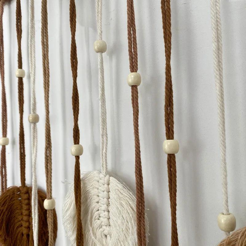 Boho Macrame Leaf Wall Hanging – Handwoven Tapestry with Wood Beads
