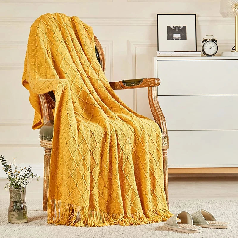Soft Knit Boho Throw Blanket – Lightweight Acrylic Travel & Home Decor Accent with Fringe