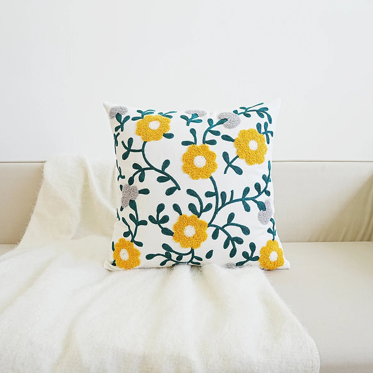 Yellow and Gray Flowers on Vine on Boho Home Decor Floral Embroidered Pillow Cover – Square Decorative Cushion Case for Sofa & Home