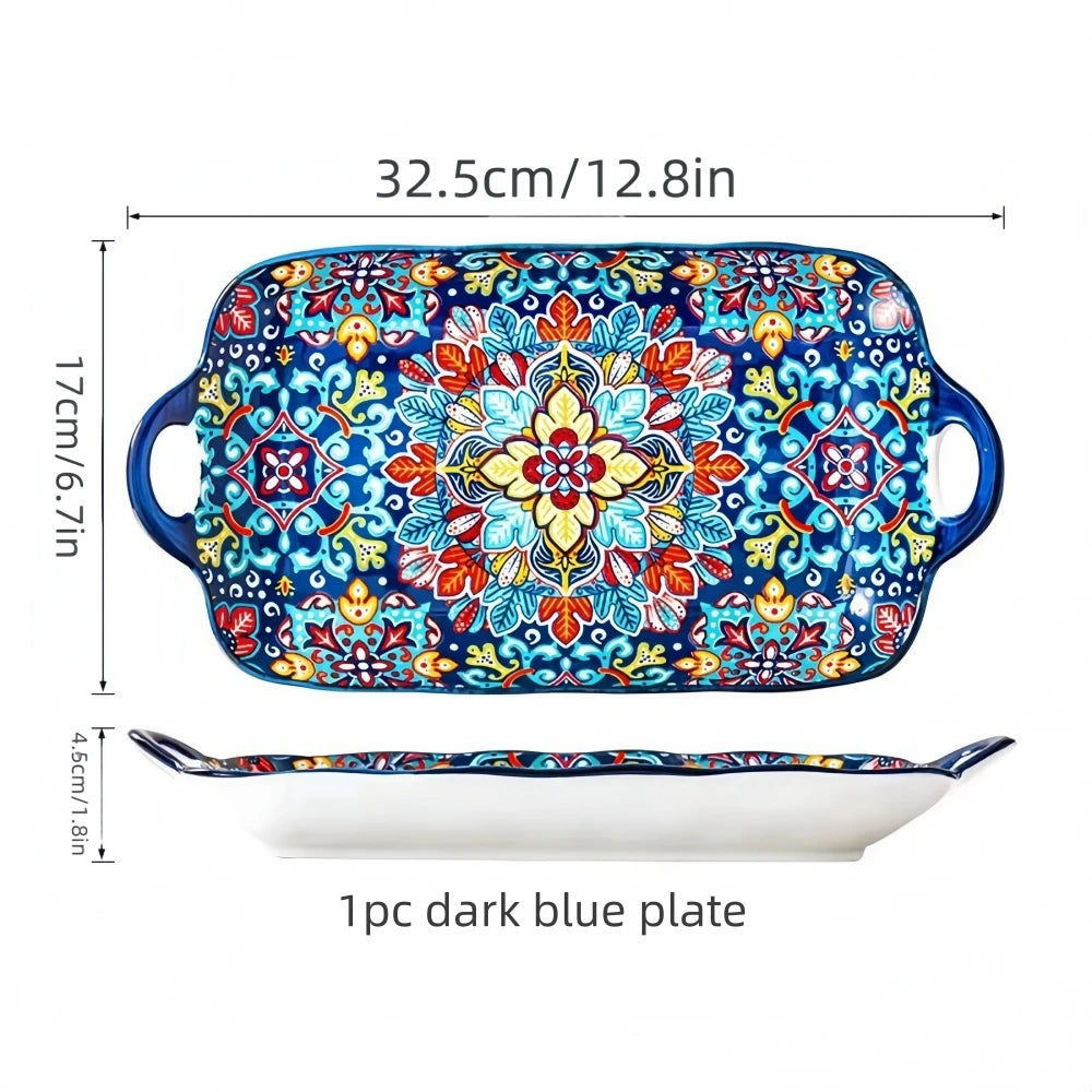 Boho Ceramic Fish Dish with Handle – Rectangular Serving Tray for Oven & Microwave