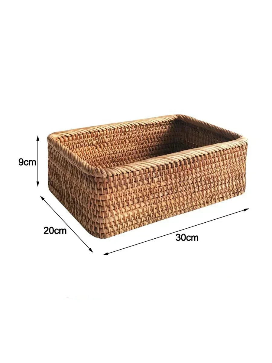 Woven rattan storage basket with dimensions on a white background boho home decor, rattan basket, handwoven wicker basket, fruit storage box, bread basket, picnic basket, natural storage bin, tea storage box, rustic home organization, farmhouse decor, housewarming gift, boho storage basket