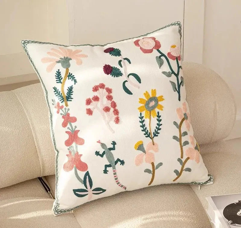 Canvas Floral Embroidered Cushion Cover Cotton Countryside Pillow Case for Living Room Luxury Home Decor Boho Flowers