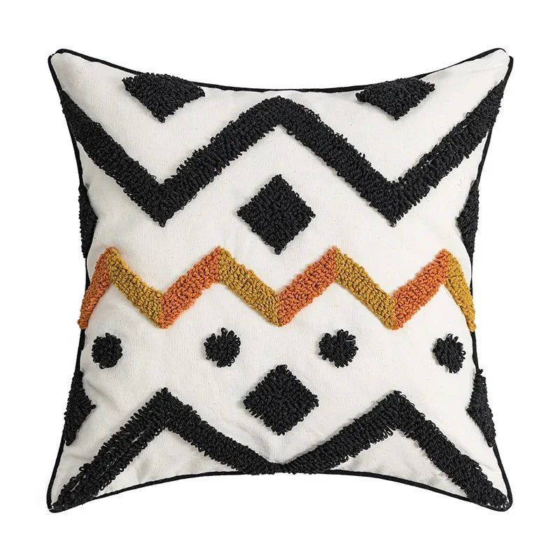 Decorative pillow with geometric pattern on a white background Nordic blue tufted cushion cover with geometric stripe and grid crochet pattern, tassel pillow cover for sofa, bed, and boho home decor