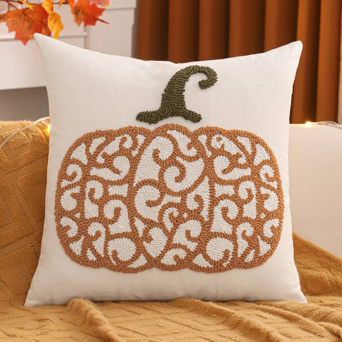 Tufted Halloween pillow cover with pumpkin and ghost embroidery, 18x18 inch festive fall cushion case for sofa, bed, and seasonal boho farmhouse décor