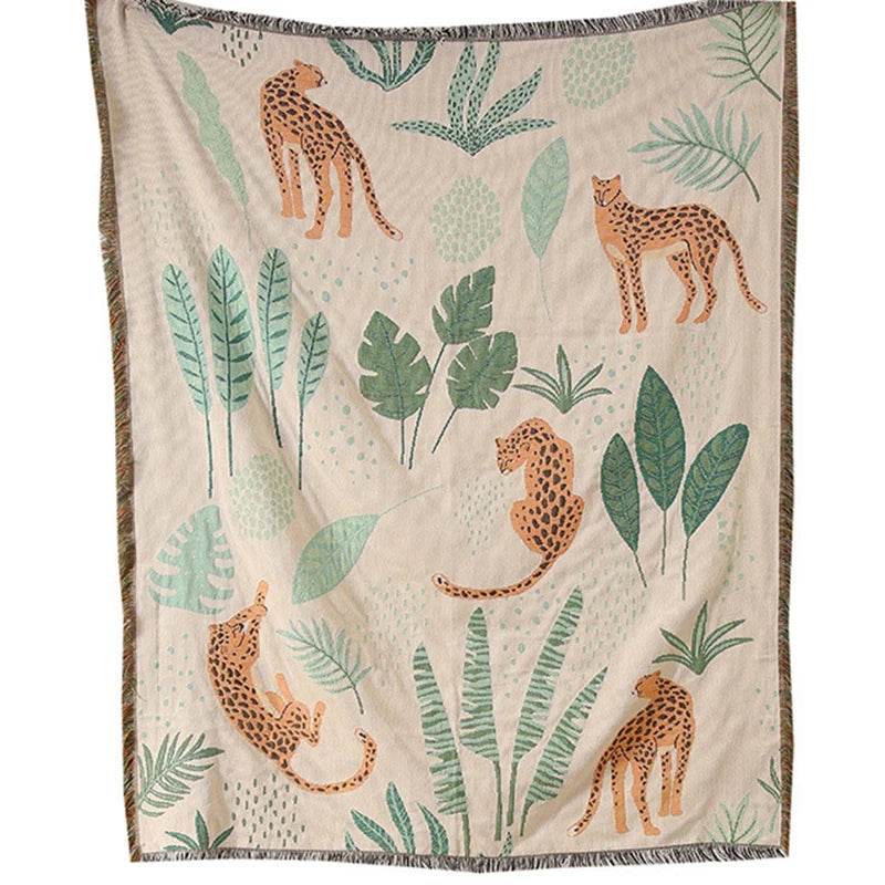 Boho Tassel Throw Blanket Leaves and Cheetahs