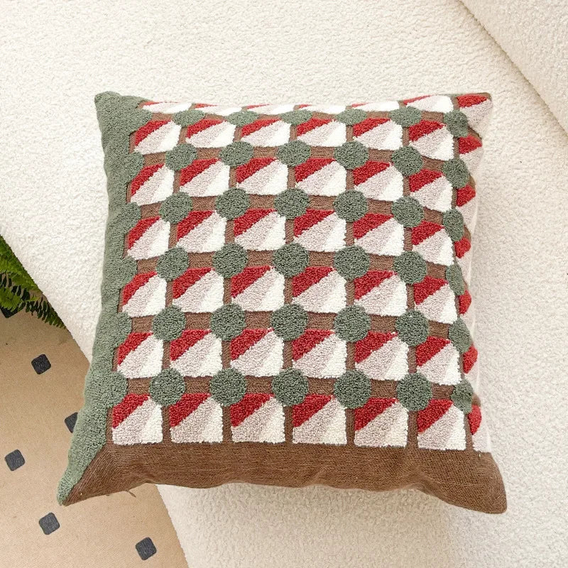 Decorative pillow with geometric pattern on a neutral background. Bohemian embroidered throw pillow cover 18x18 inch with geometric towel embroidery, decorative cushion for sofa, bed, or living room boho home decor