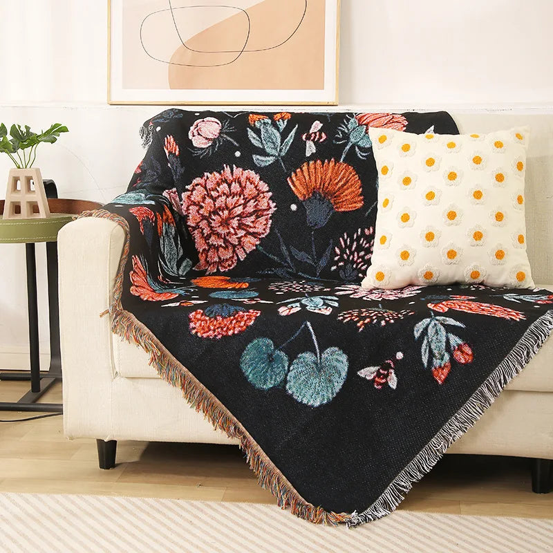 Boho Tassel Throw Blanket Flowers and Bees