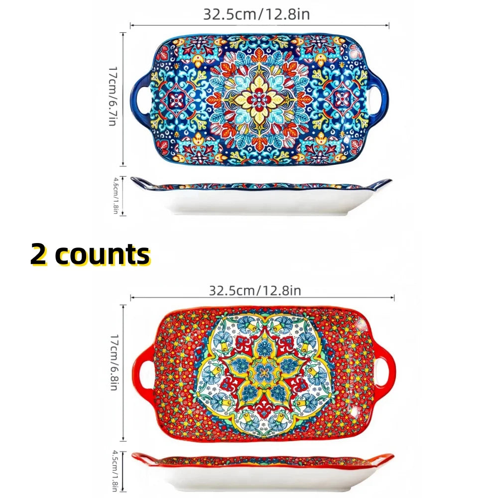 Boho Ceramic Fish Dish with Handle – Rectangular Serving Tray for Oven & Microwave