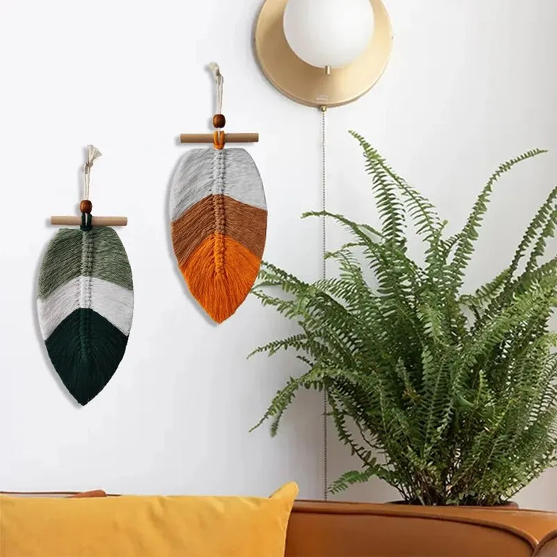 Bohemian Woven Leaf Wall Hanging â Set of 2 Cotton Thread Tapestries