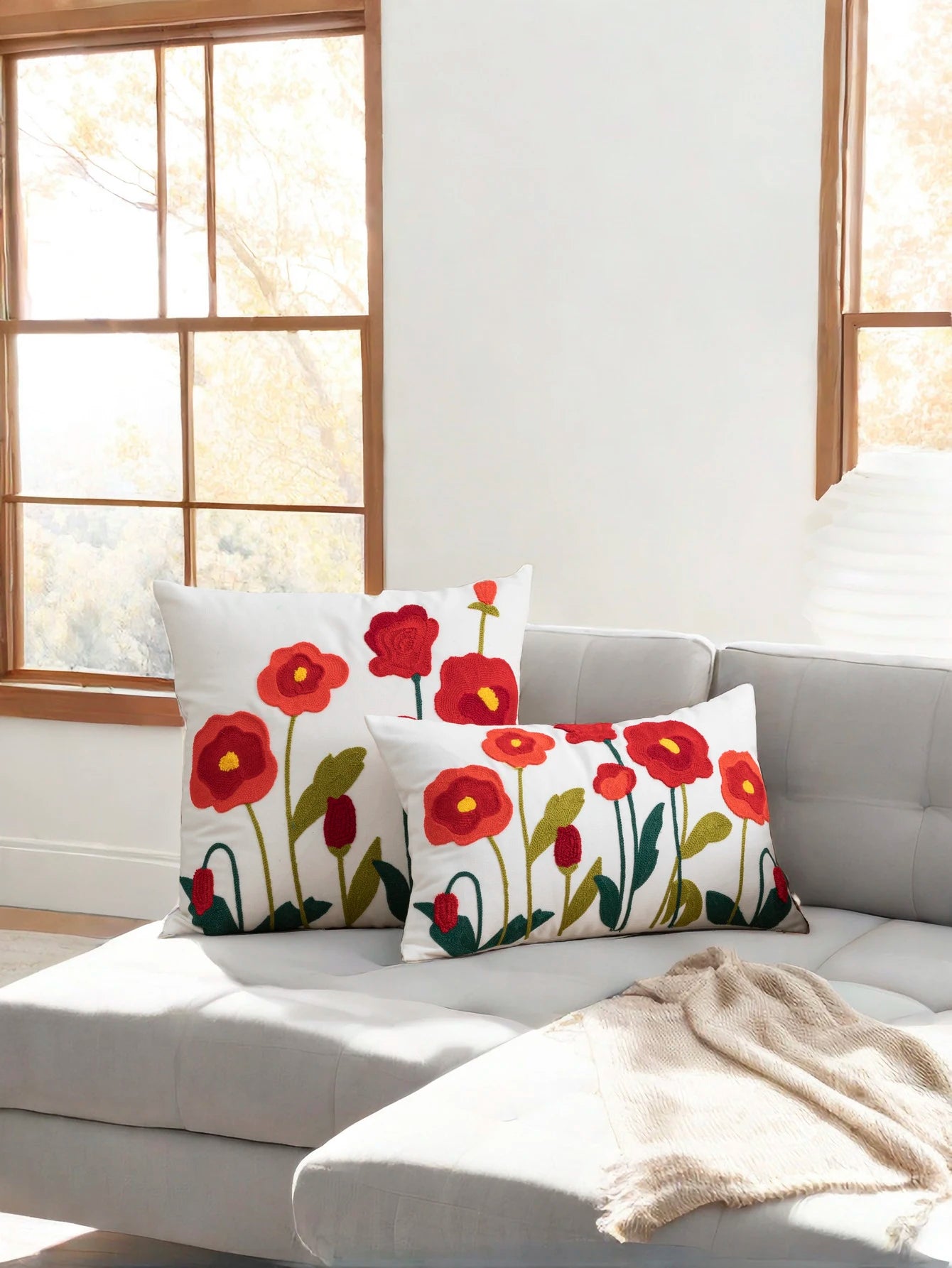 Poppy Flower Pillow Cover – Cotton Sail Fabric Cushion Cover | Modern Boho Home Decor | Housewarming Gift