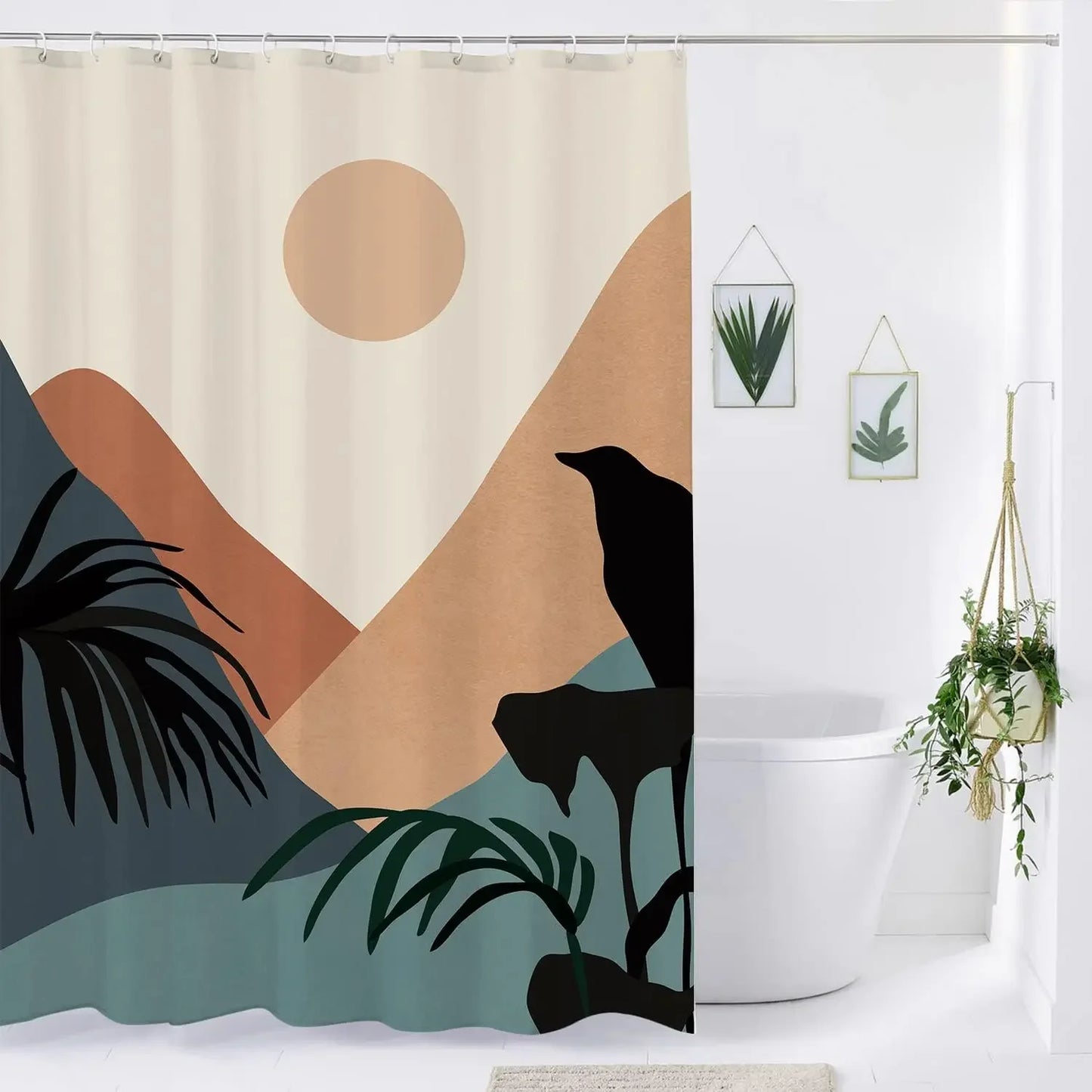 Abstract Bohemian Shower Curtain Arch Sun Moon Phases Boho Leaf Modern Minimalist aesthetic line geometric decorative Bathroom Home Decor Cat Leaves Mountains Outdoors