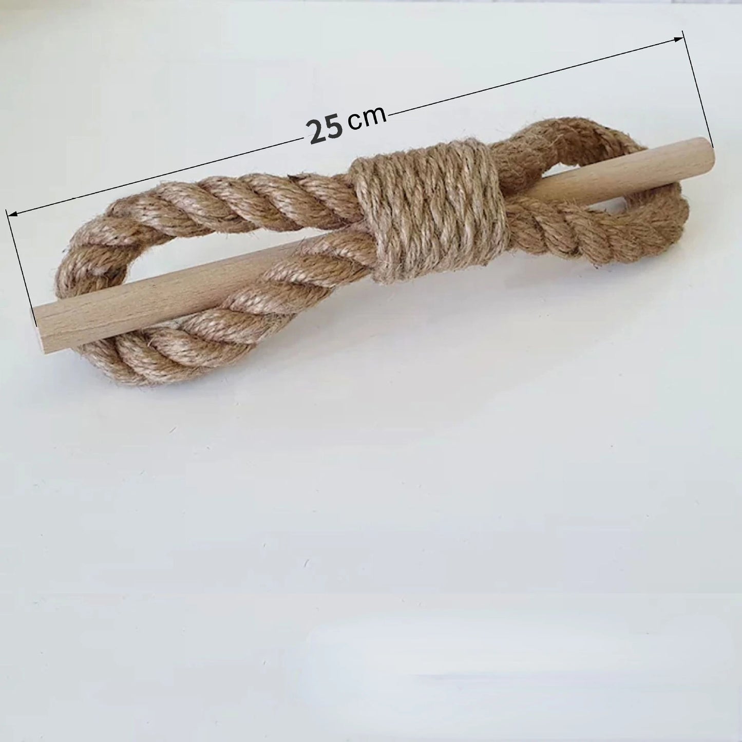 Nautical rope with a wooden handle on a white background, showing a measurement of 25 cm. boho home decor, curtain tie back, wooden curtain buckle, nordic home accessory, hemp rope curtain tie, rustic window decor, boho curtain accessory, modern farmhouse, minimalist curtain hold, housewarming gift idea