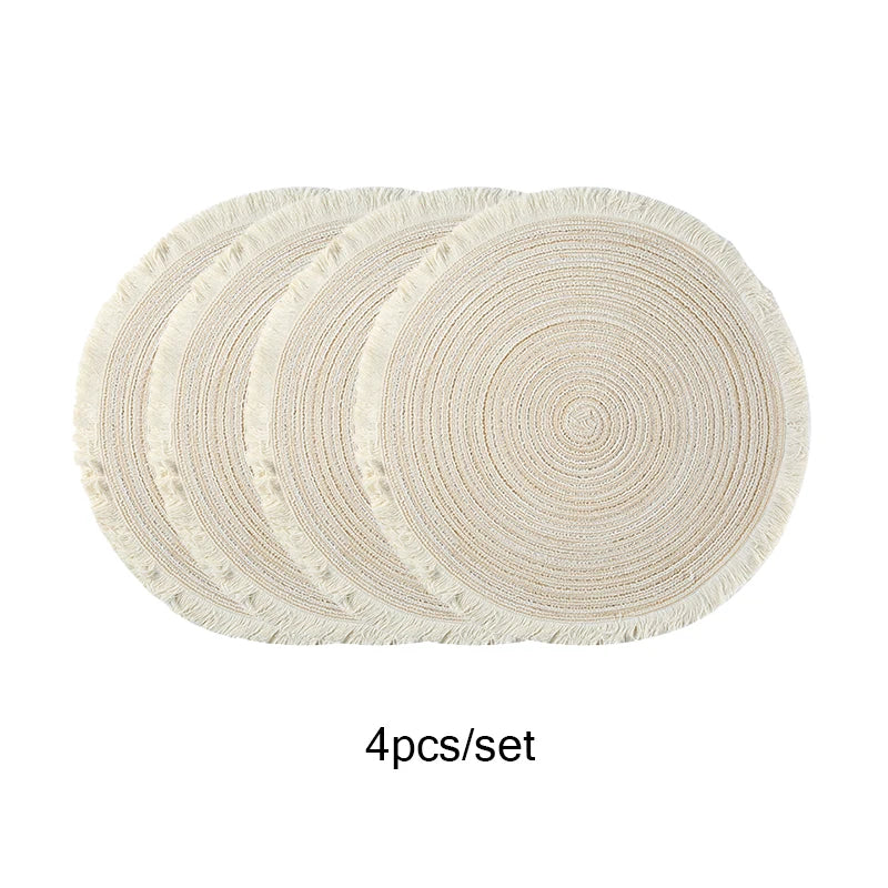Set of 4 Round Braided Placemats – 15" Heat-Resistant Woven Table Mats for Boho Kitchen & Dining Decor