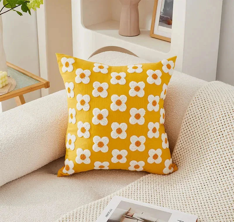 Canvas Floral Embroidered Cushion Cover Cotton Countryside Pillow Case for Living Room Luxury Home Decor Boho Flowers
