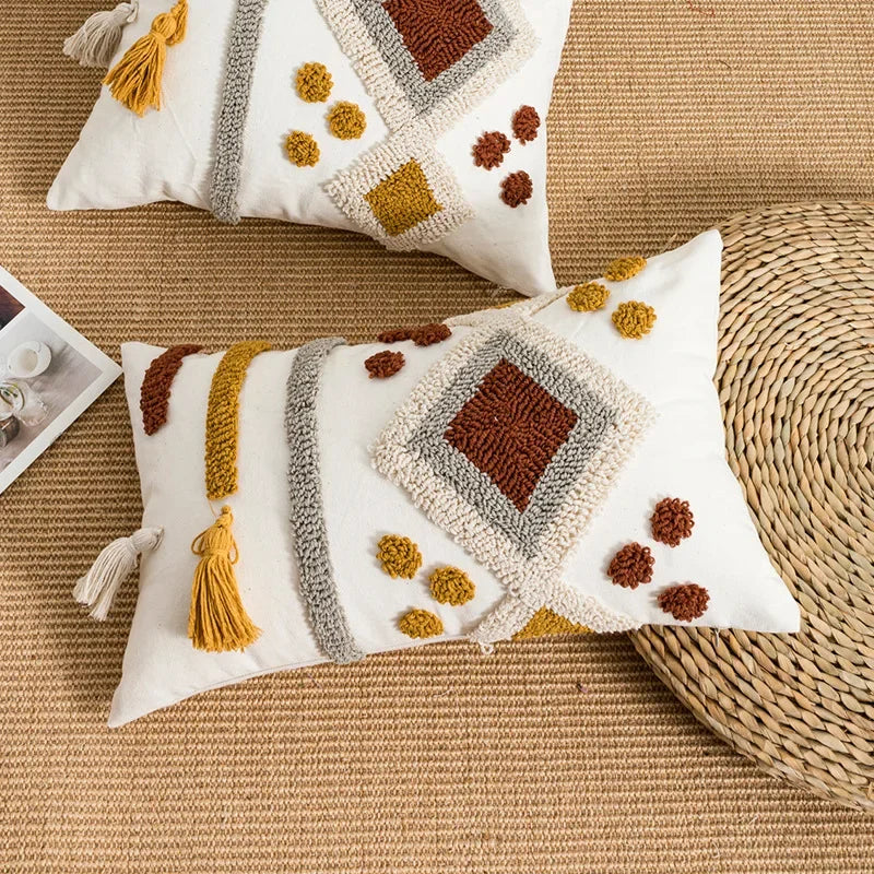 Boho Loop Tufted Cushion Cover – Handmade Cotton Canvas Pillow with Tassels & Embroidery