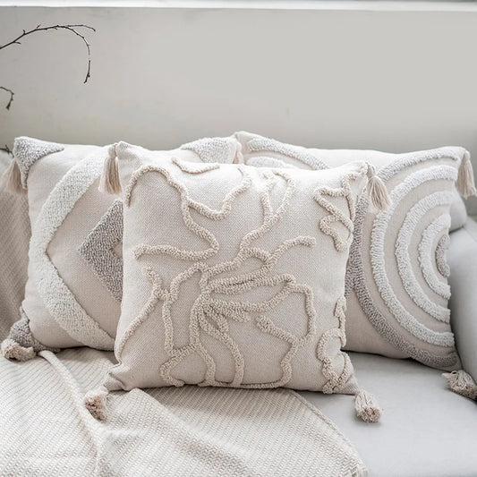 Boho Tufted Cushion Cover – Handcrafted Geometric Pillowcase with Tassels