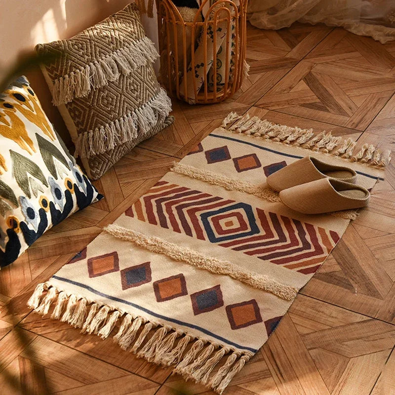 Bohemian Handwoven Tassel Rug – Vintage-Inspired Linen Accent for Home & Living Spaces - Rows of Flowers